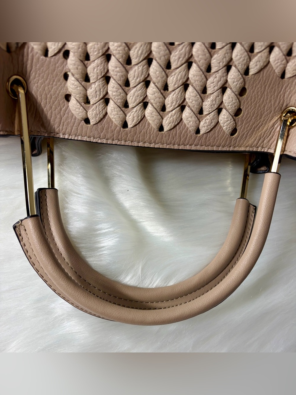 SONDRA ROBERTS Beige Woven Satchel w/Gold Hardware - Picture 5 of 13